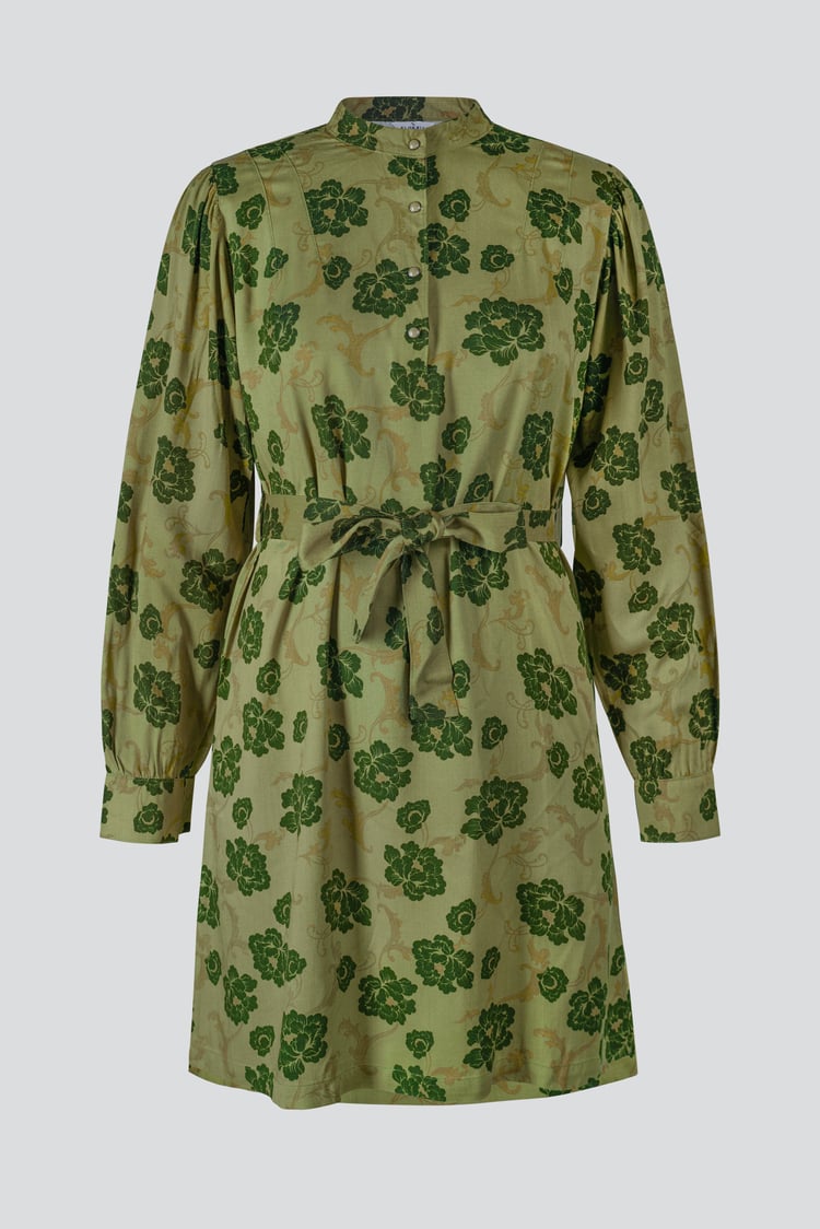 High Neck Green Floral Belted Mini Dress