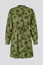 High Neck Green Floral Belted Mini Dress