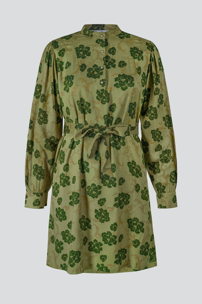 High Neck Green Floral Belted Mini Dress