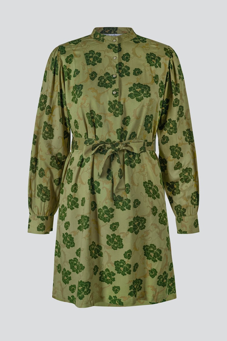 High Neck Green Floral Belted Mini Dress