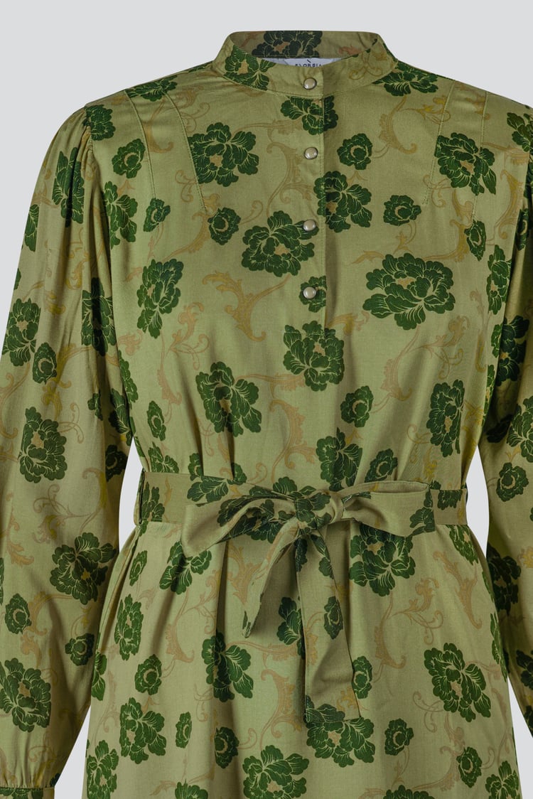 High Neck Green Floral Belted Mini Dress