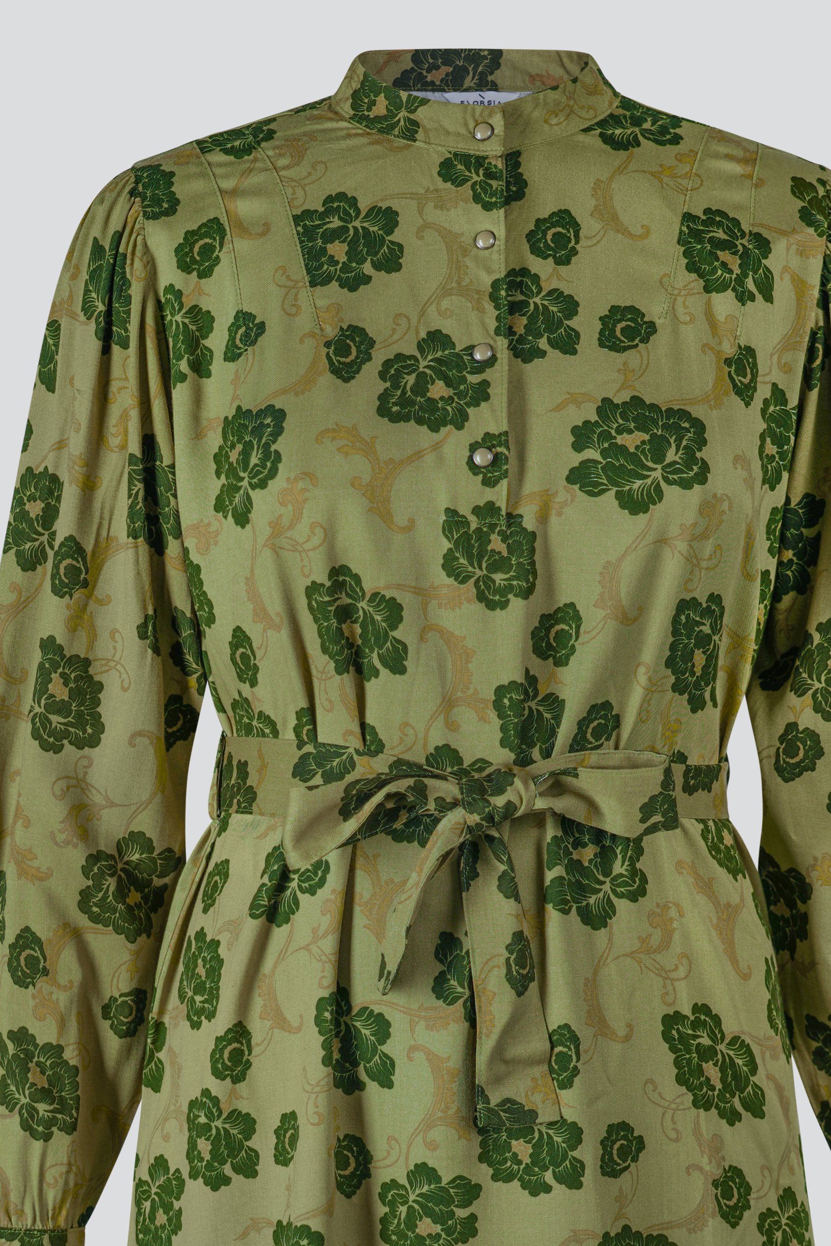 High Neck Green Floral Belted Mini Dress