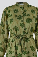 High Neck Green Floral Belted Mini Dress