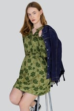 High Neck Green Floral Belted Mini Dress