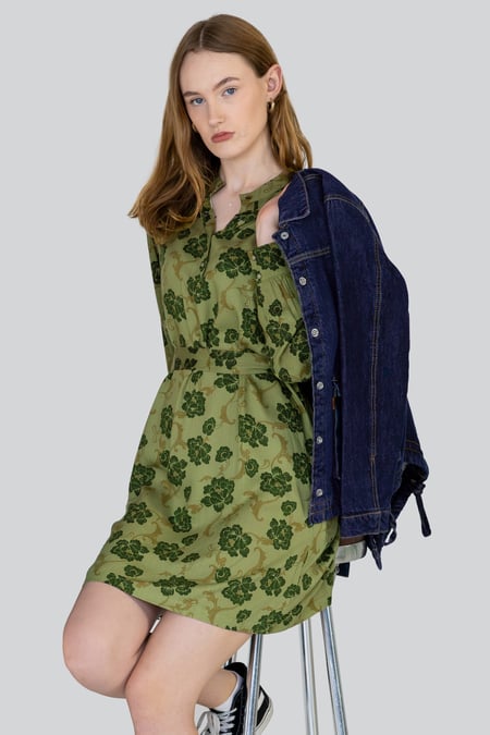 Green High Neck Green Floral Belted Mini Dress