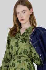 High Neck Green Floral Belted Mini Dress