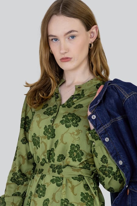 Green High Neck Green Floral Belted Mini Dress