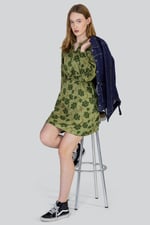 High Neck Green Floral Belted Mini Dress