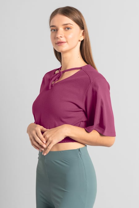 Women Purple Knot Details V-Neck Bell Sleeve Top