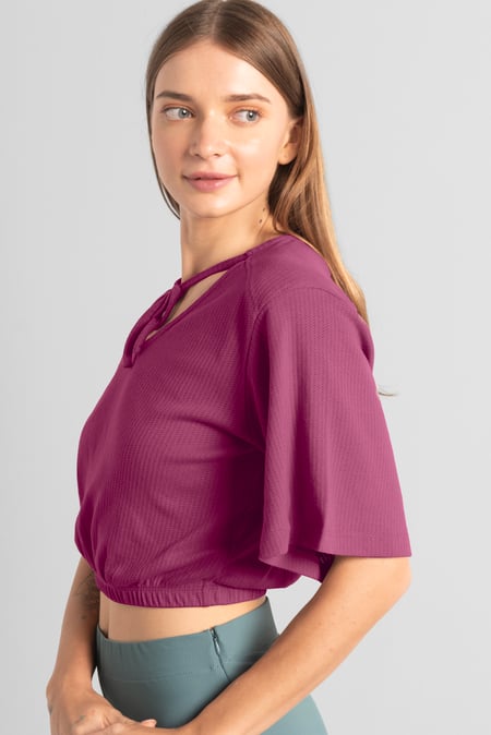 Women Purple Knot Details V-Neck Bell Sleeve Top