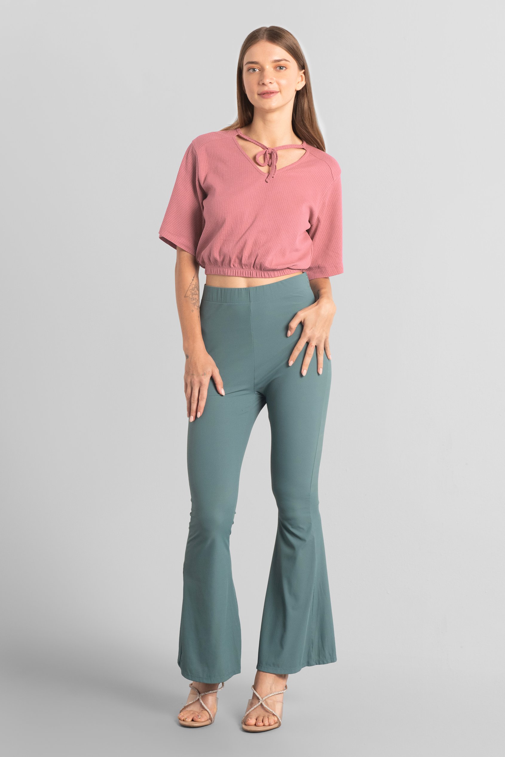 Women Knot Details V-Neck Bell Sleeve Top