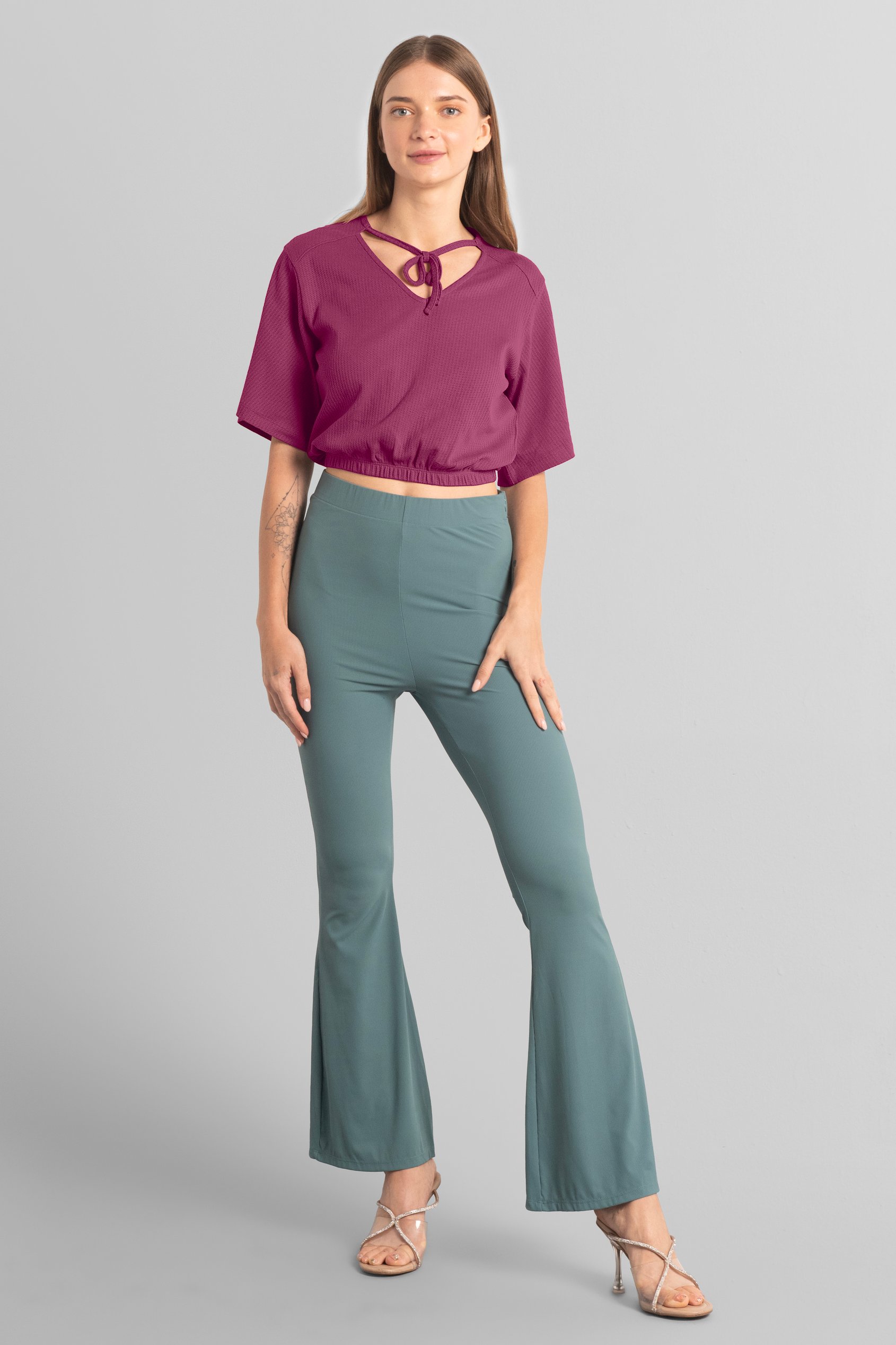 Women Knot Details V-Neck Bell Sleeve Top