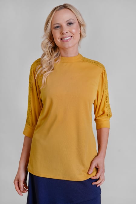 Women's Yellow Lace Detailed Three-Quarter Sleeve Tops