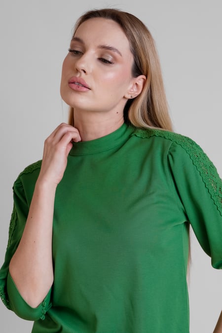 Women's Green Lace Detailed Three-Quarter Sleeve Tops