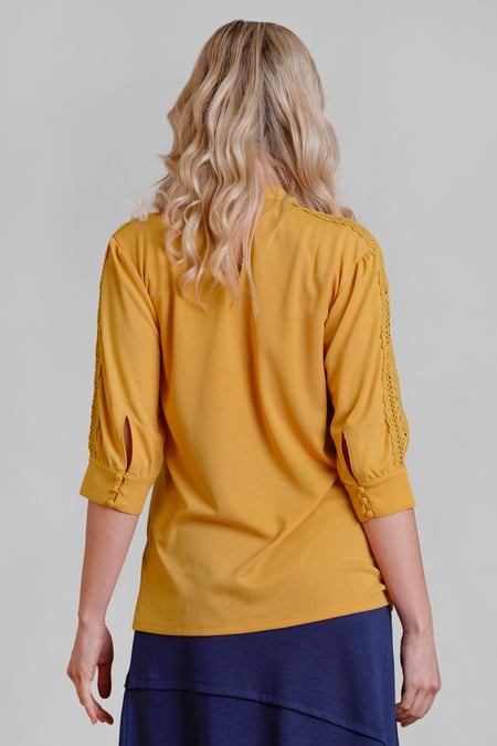 Women's Yellow Lace Detailed Three-Quarter Sleeve Tops