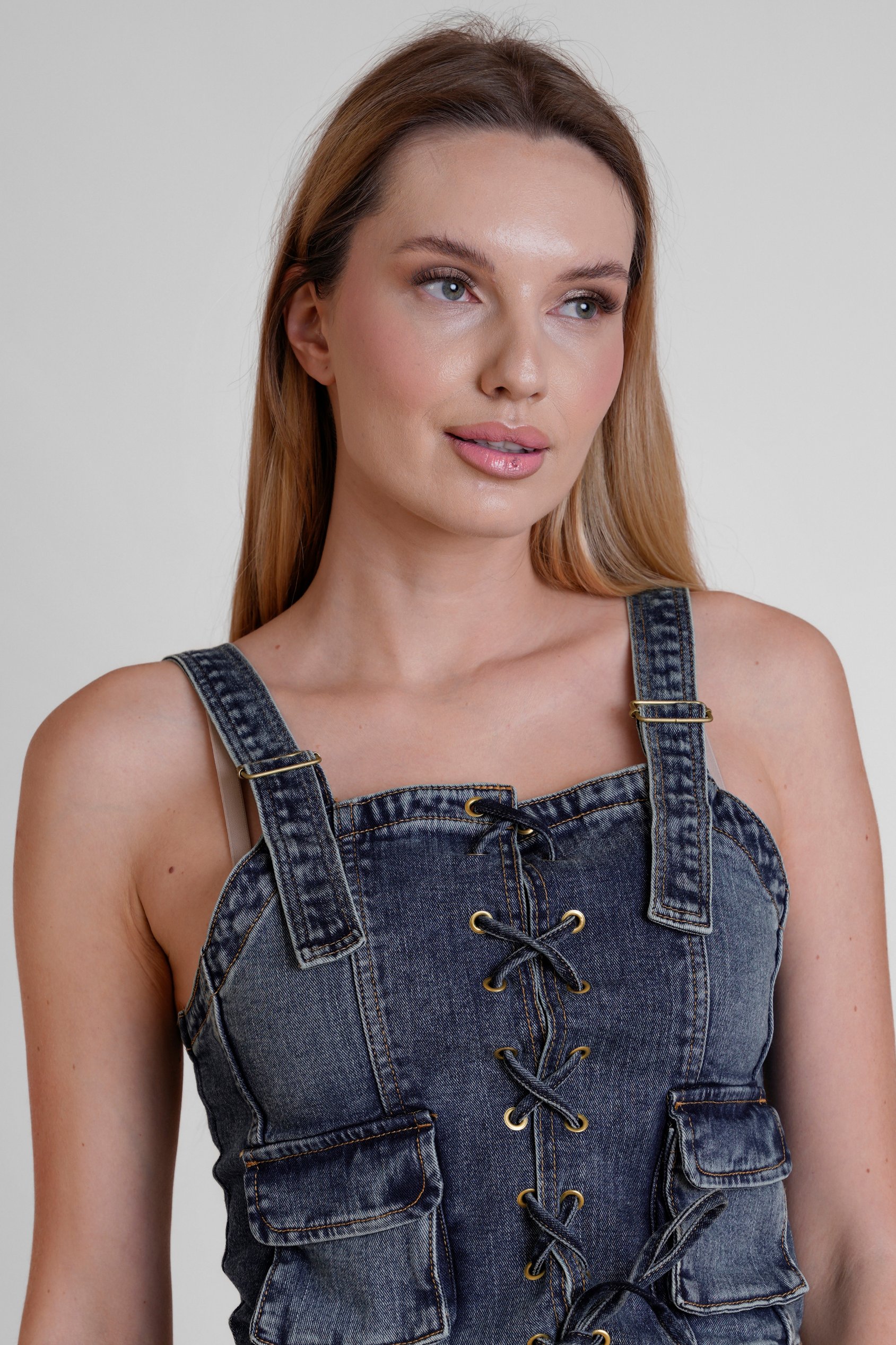 Lace-Up Front Fitted Denim Crop Vest