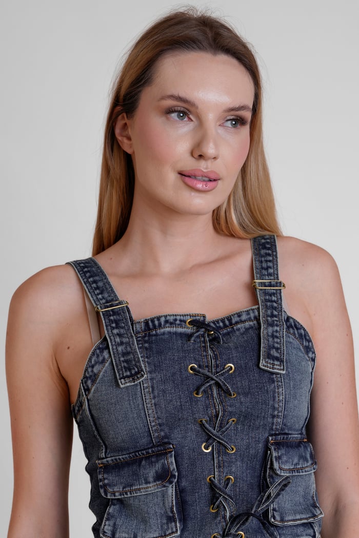 Lace-Up Front Fitted Denim Crop Vest