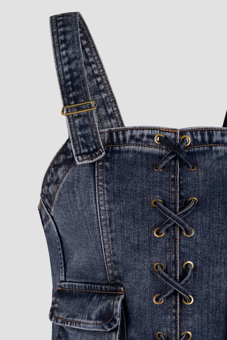 Lace-Up Front Fitted Denim Crop Vest