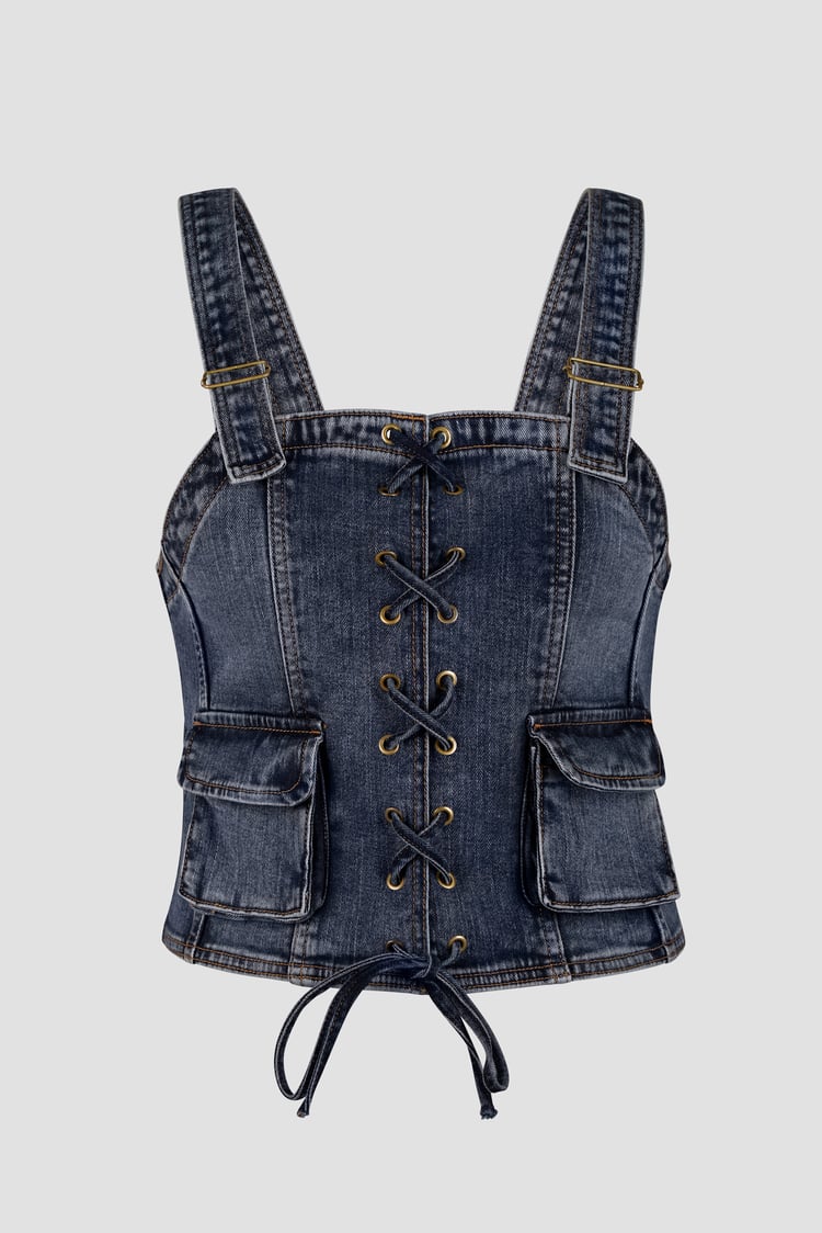Lace-Up Front Fitted Denim Crop Vest