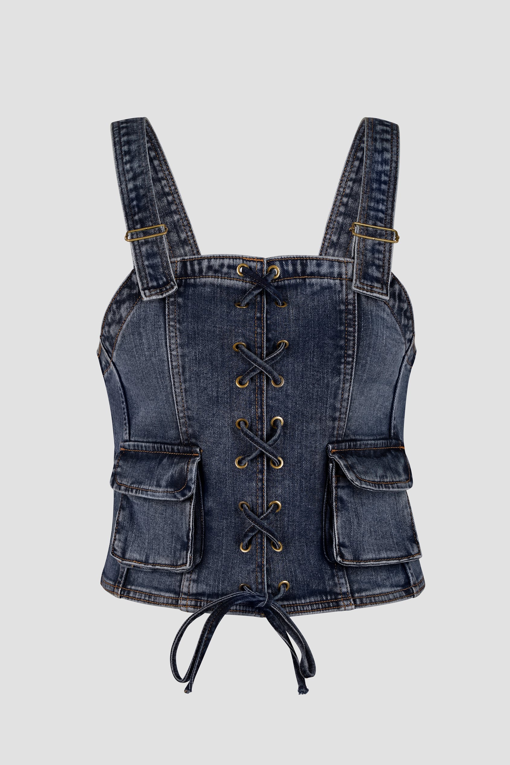 Lace-Up Front Fitted Denim Crop Vest