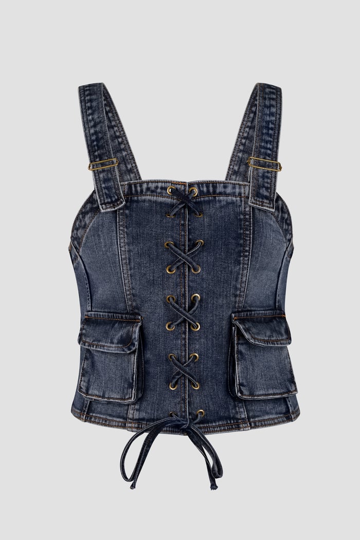 Lace-Up Front Fitted Denim Crop Vest