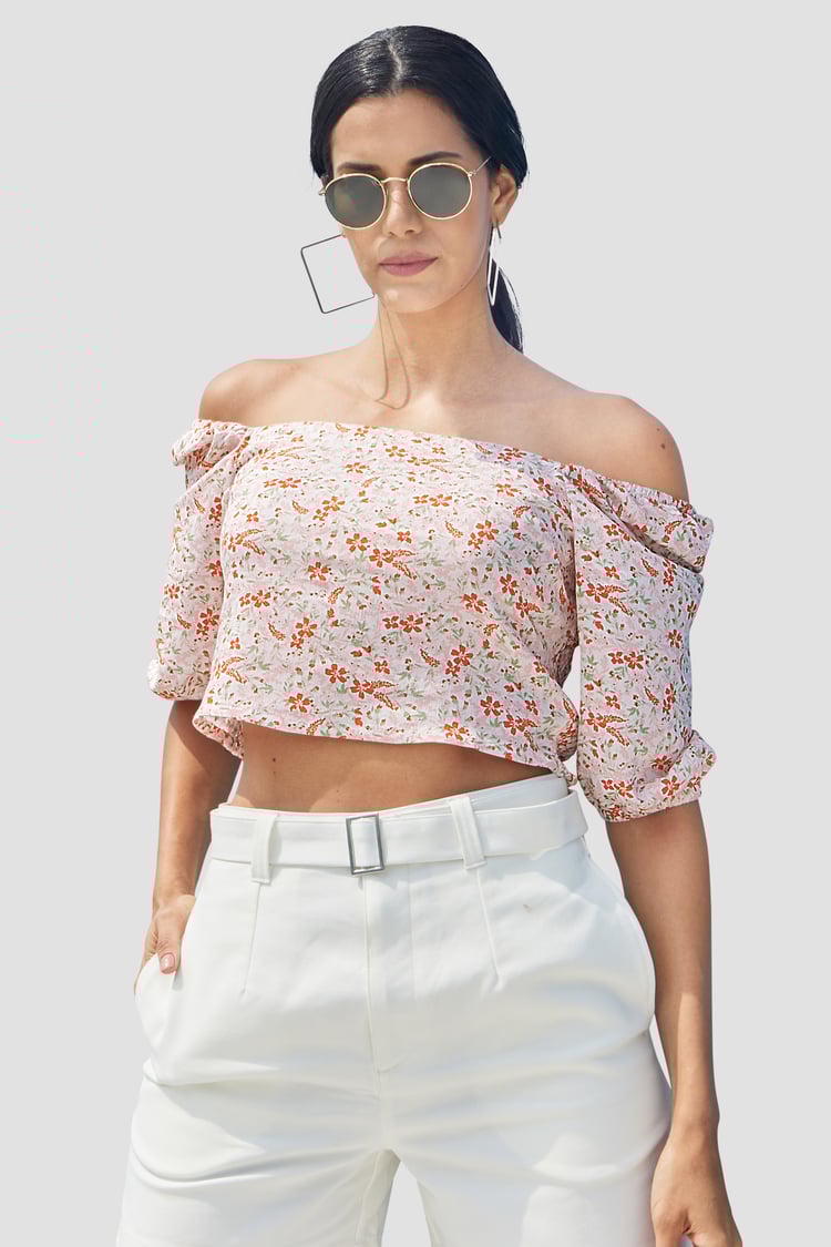 Floral Bardot Smocked Crop Top