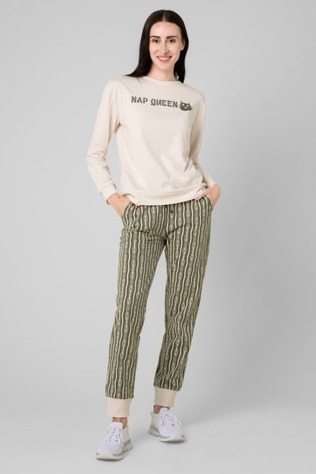 Womens Cream Nap Queen Printed Nightwear Set