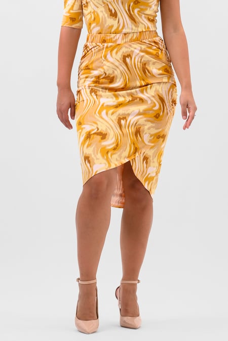 Womens Yellow Ruched Warp Midi Skirt