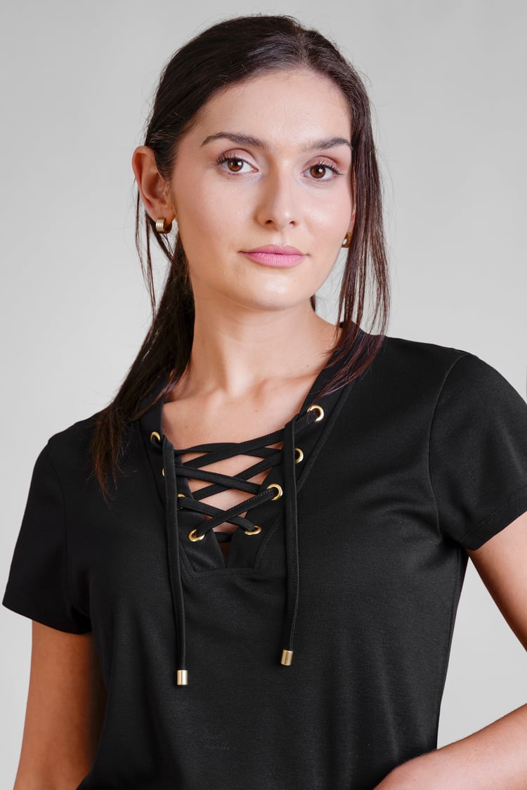 Lace-Up V Neck Short Sleeve Top