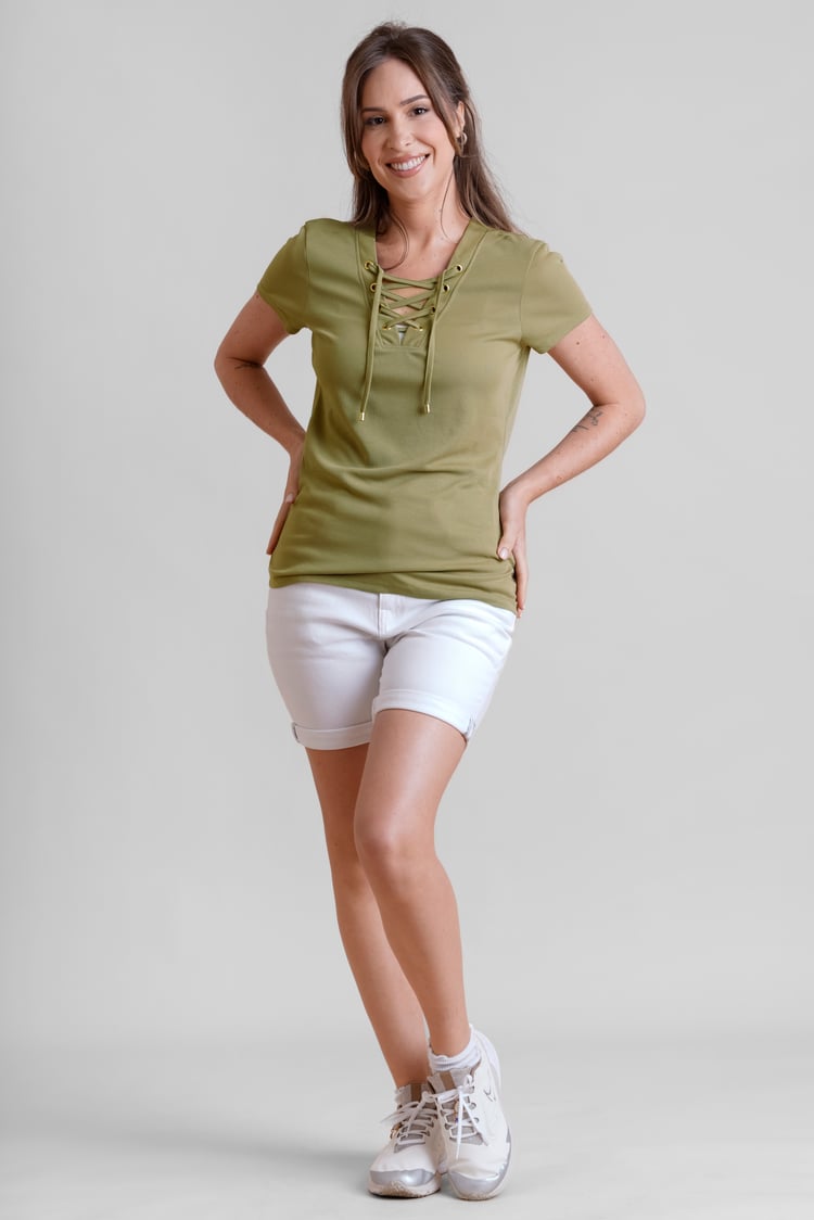 Lace-Up V Neck Short Sleeve Top