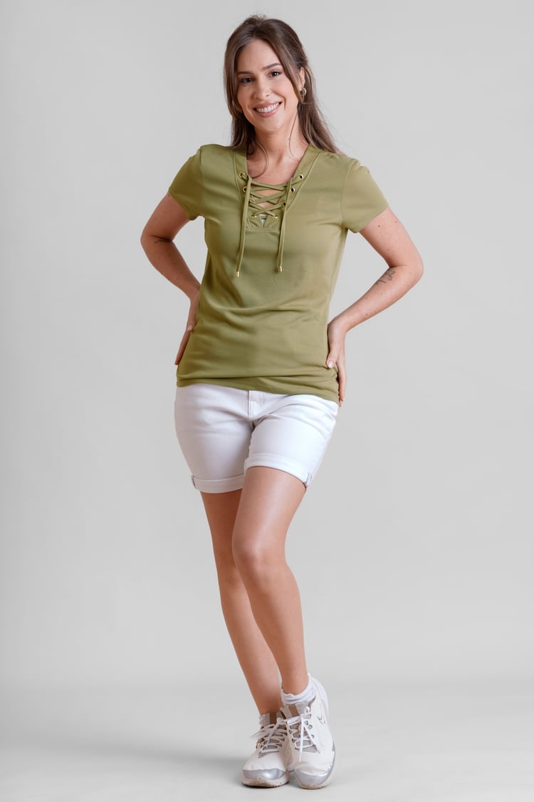 Lace-Up V Neck Short Sleeve Top