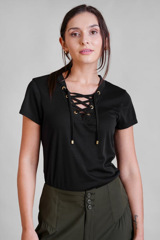 Lace-Up V Neck Short Sleeve Top