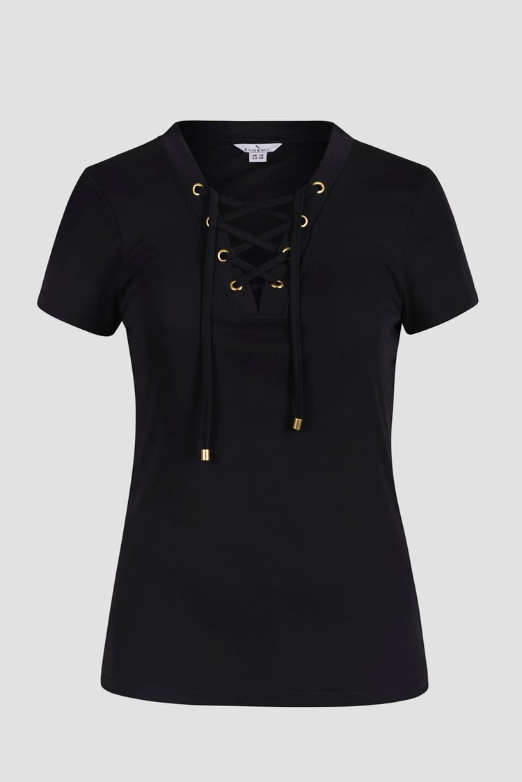 Lace-Up V Neck Short Sleeve Top