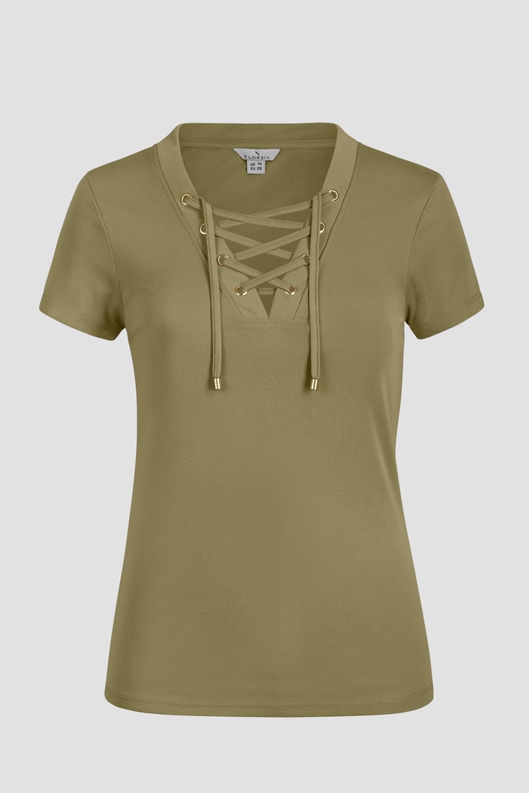 Lace-Up V Neck Short Sleeve Top