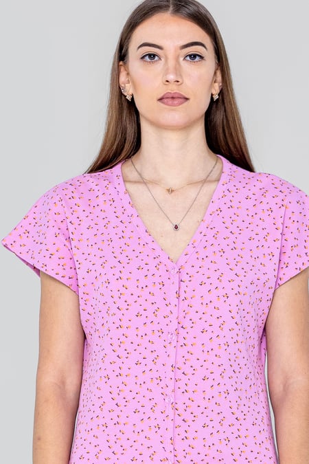 Pink Button Front Printed Ribbed Midi dress