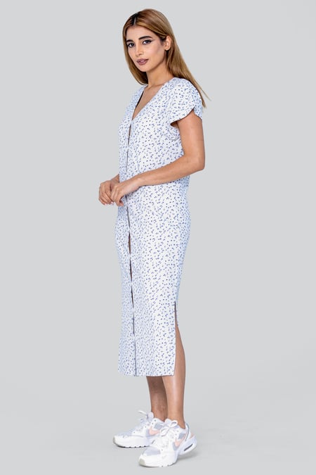 Grey Button Front Printed Ribbed Midi dress