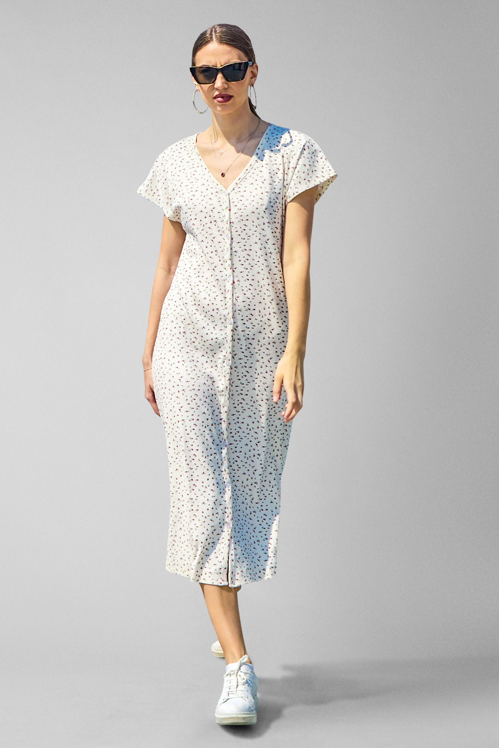 Button Front Printed Ribbed Midi dress