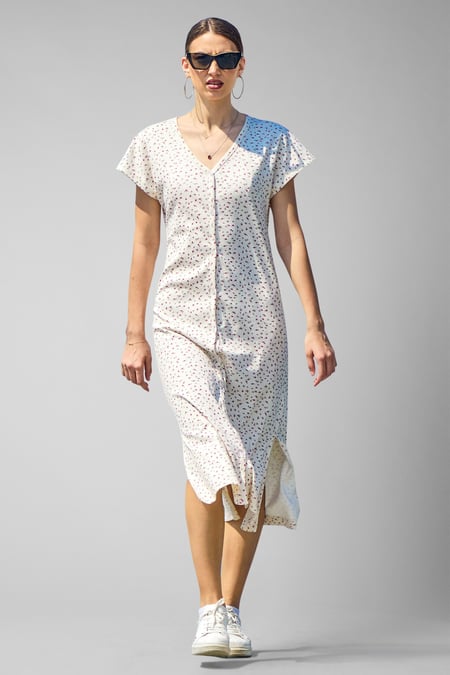 Pink Button Front Printed Ribbed Midi dress