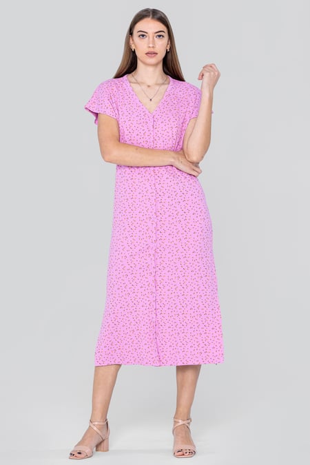 Pink Button Front Printed Ribbed Midi dress