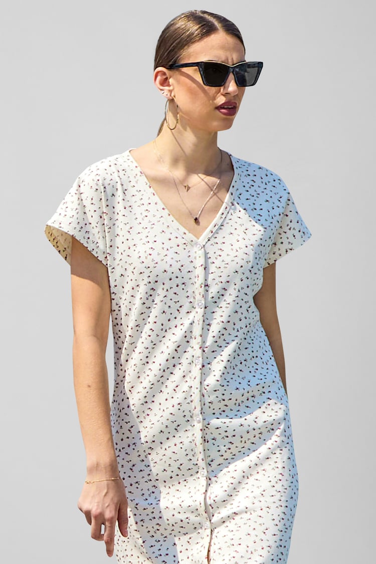 Button Front Printed Ribbed Midi dress