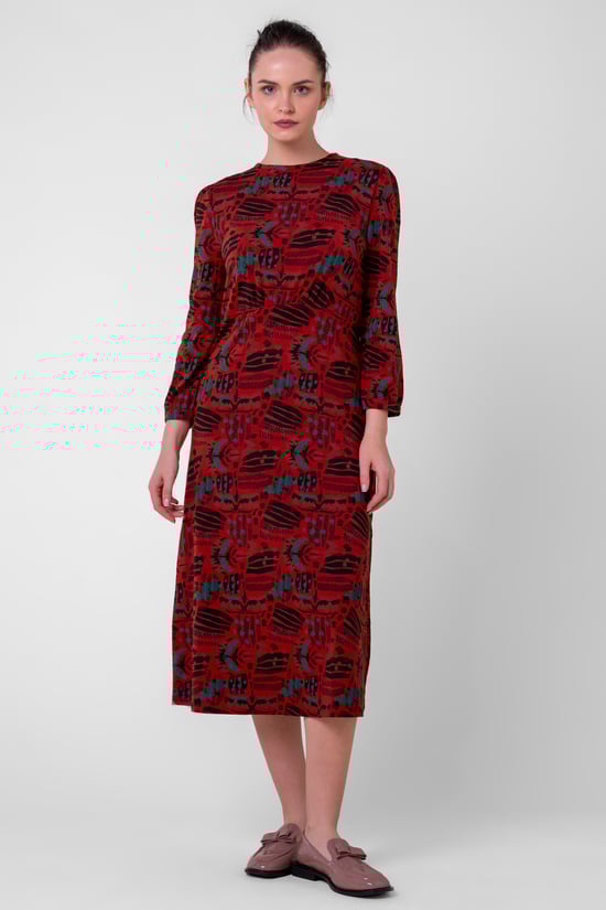 Women Abstract Print Wide Neck Midi Dress