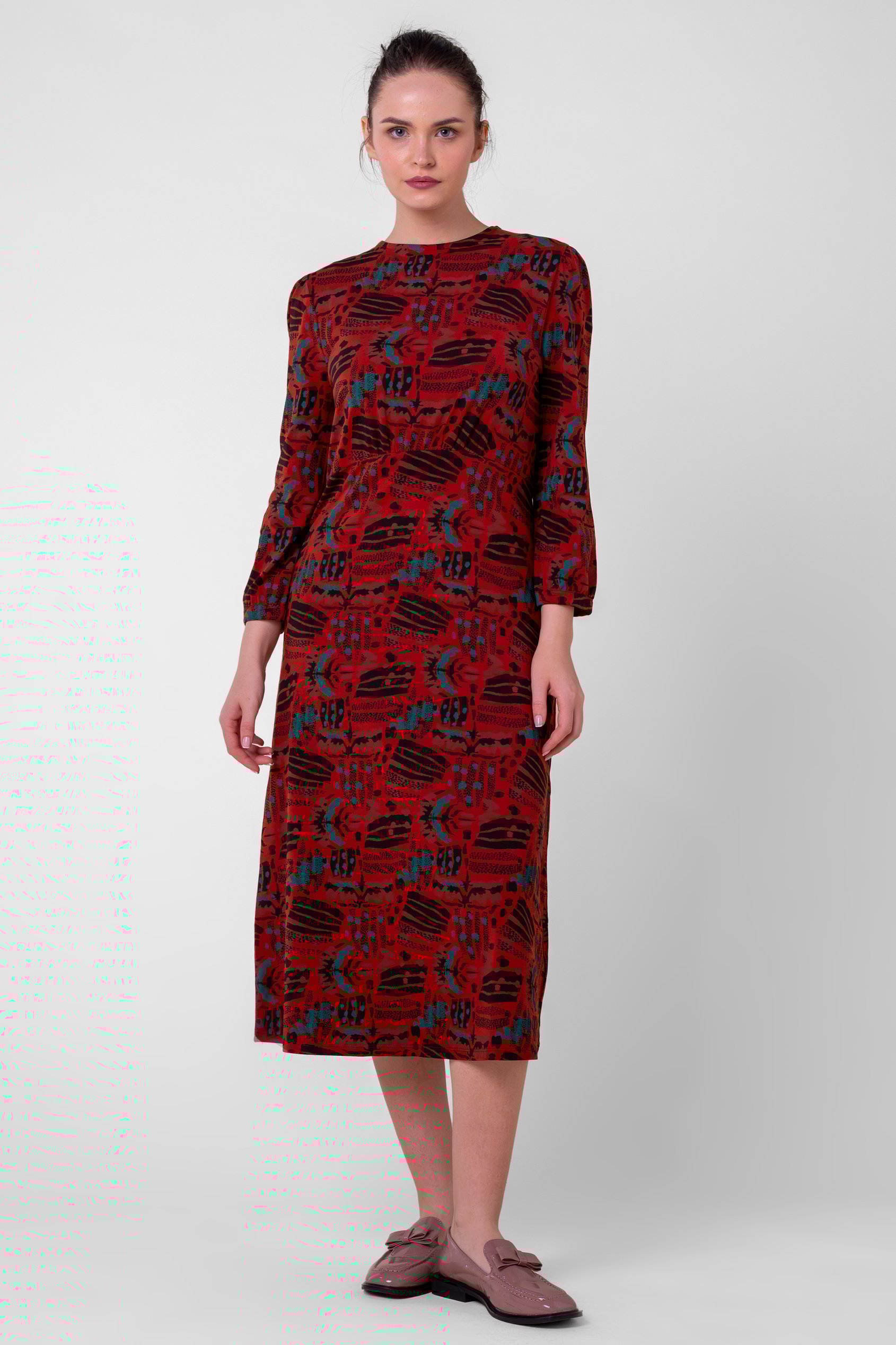 Women Abstract Print Wide Neck Midi Dress