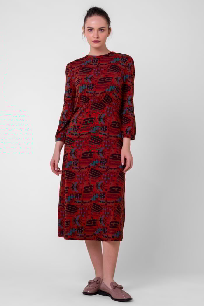 Women Abstract Print Wide Neck Midi Dress