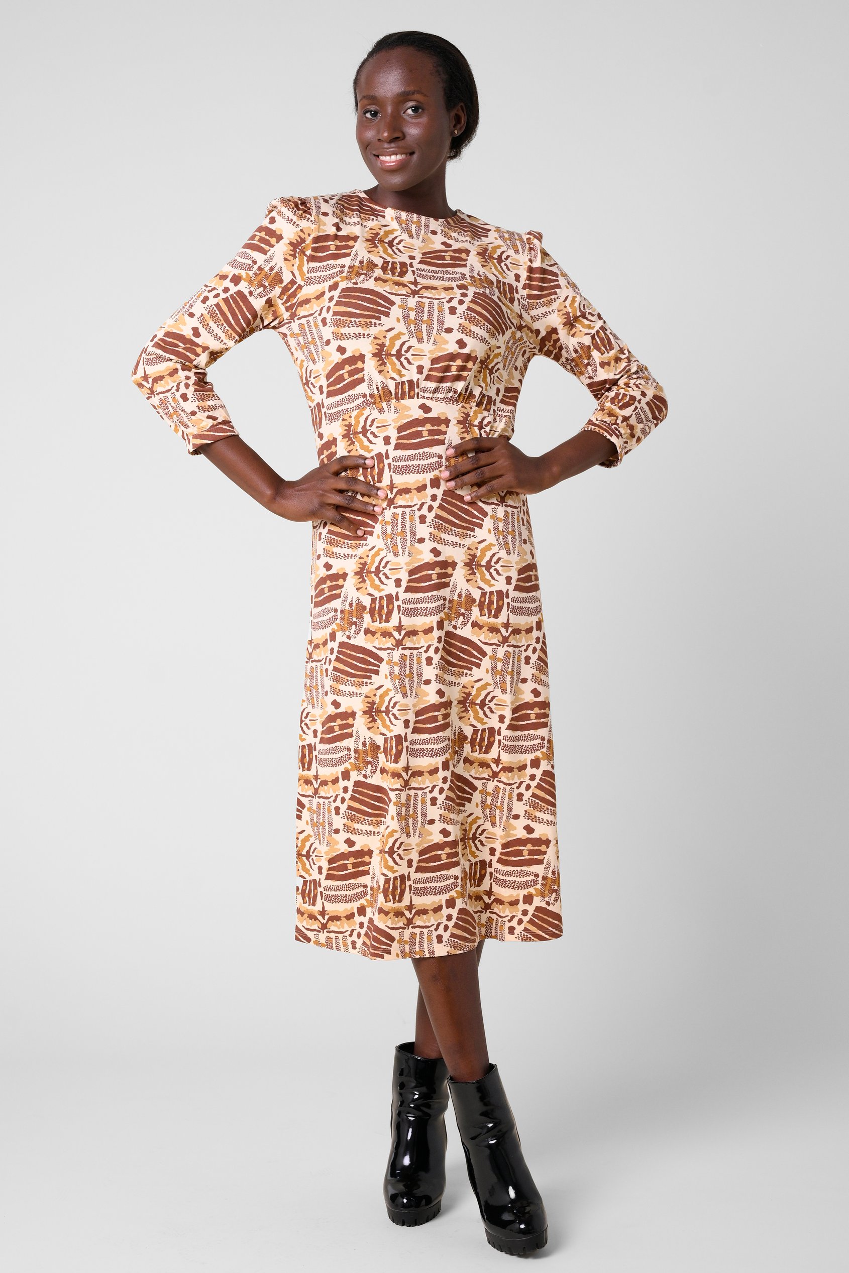 Women Abstract Print Wide Neck Midi Dress