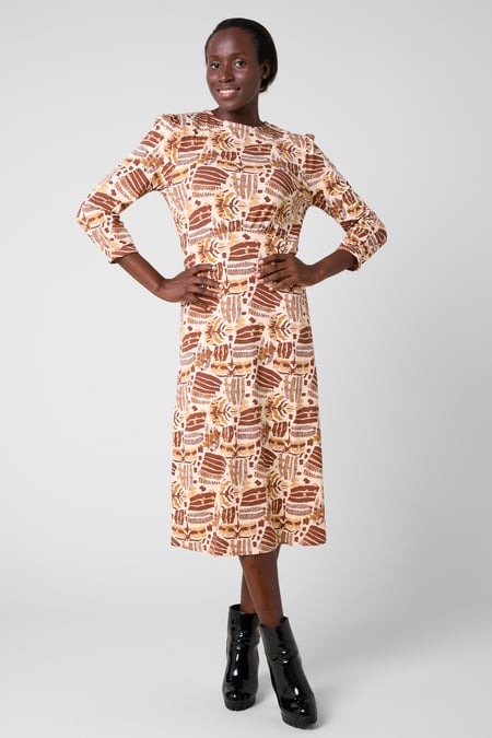 Women Cream Abstract Print Wide Neck Midi Dress