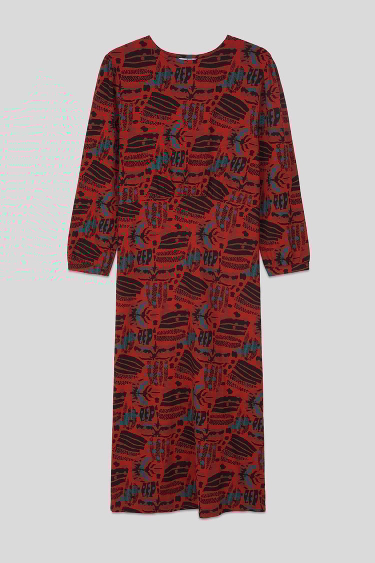 Women Abstract Print Wide Neck Midi Dress