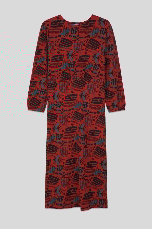Women Red Abstract Print Wide Neck Midi Dress