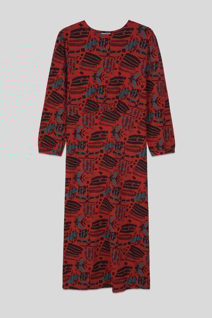 Women Abstract Print Wide Neck Midi Dress
