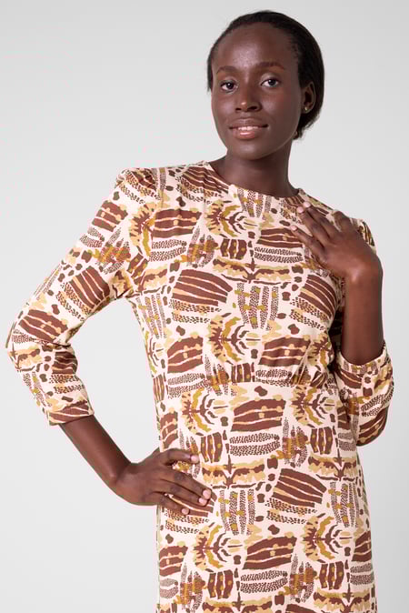 Women Cream Abstract Print Wide Neck Midi Dress