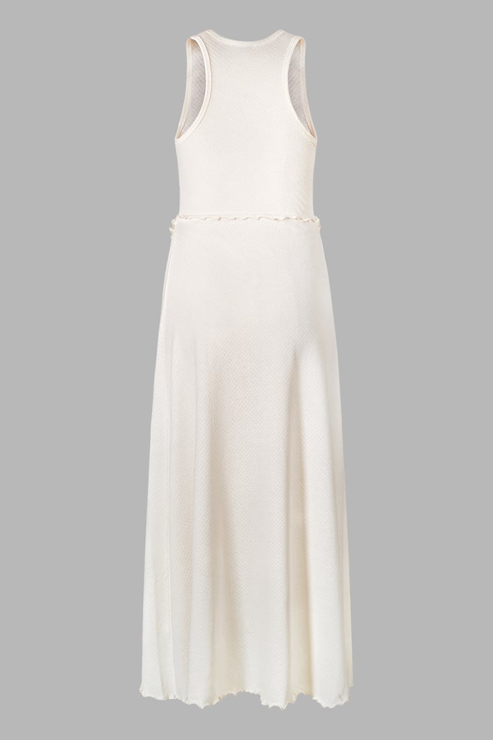 Frills Details-Rounded Neck Sleeveless Jersey Midi Dress